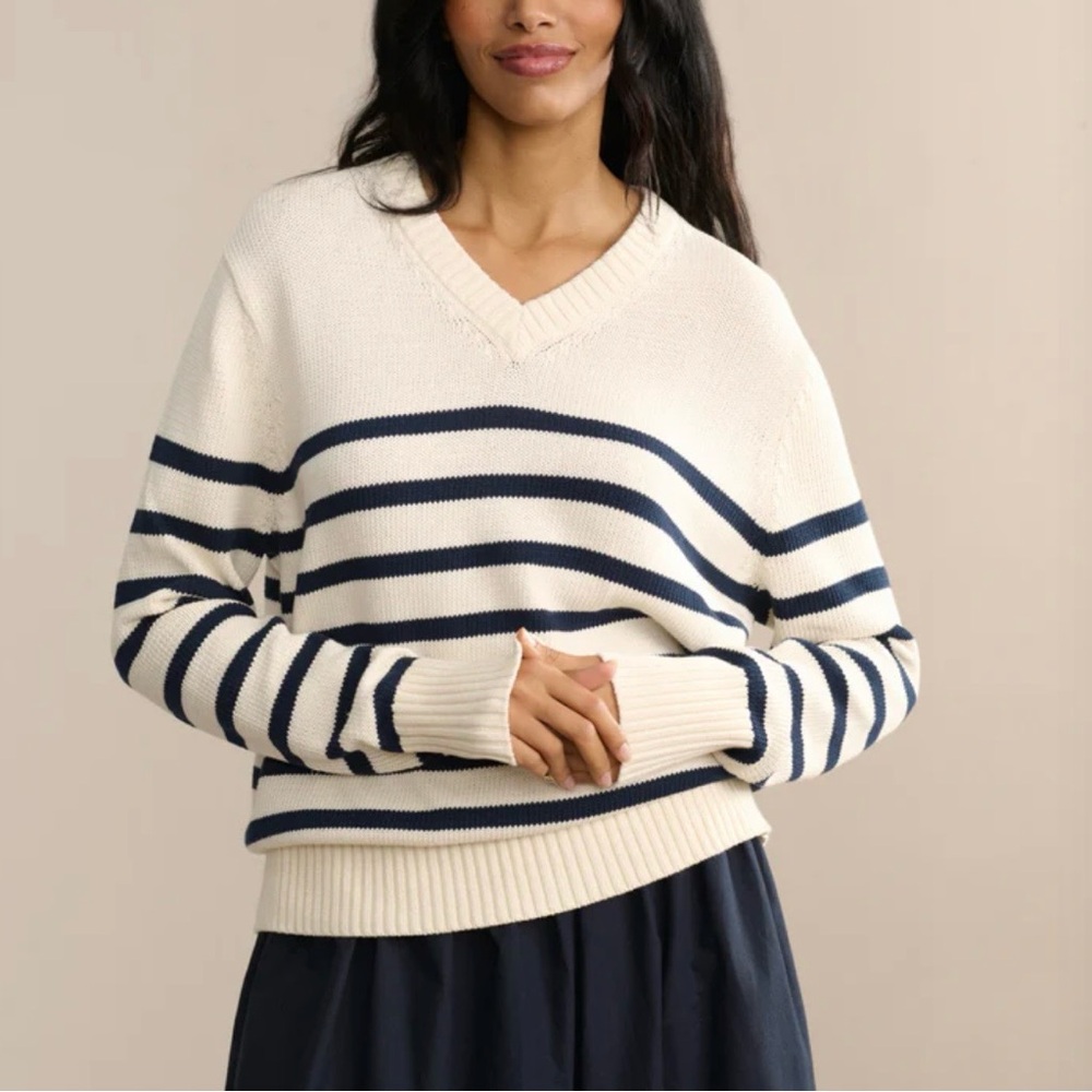 NWOT Jenni Kayne Kate V-Neck Sweater Cotton Stripe Relaxed Spring Sweater M